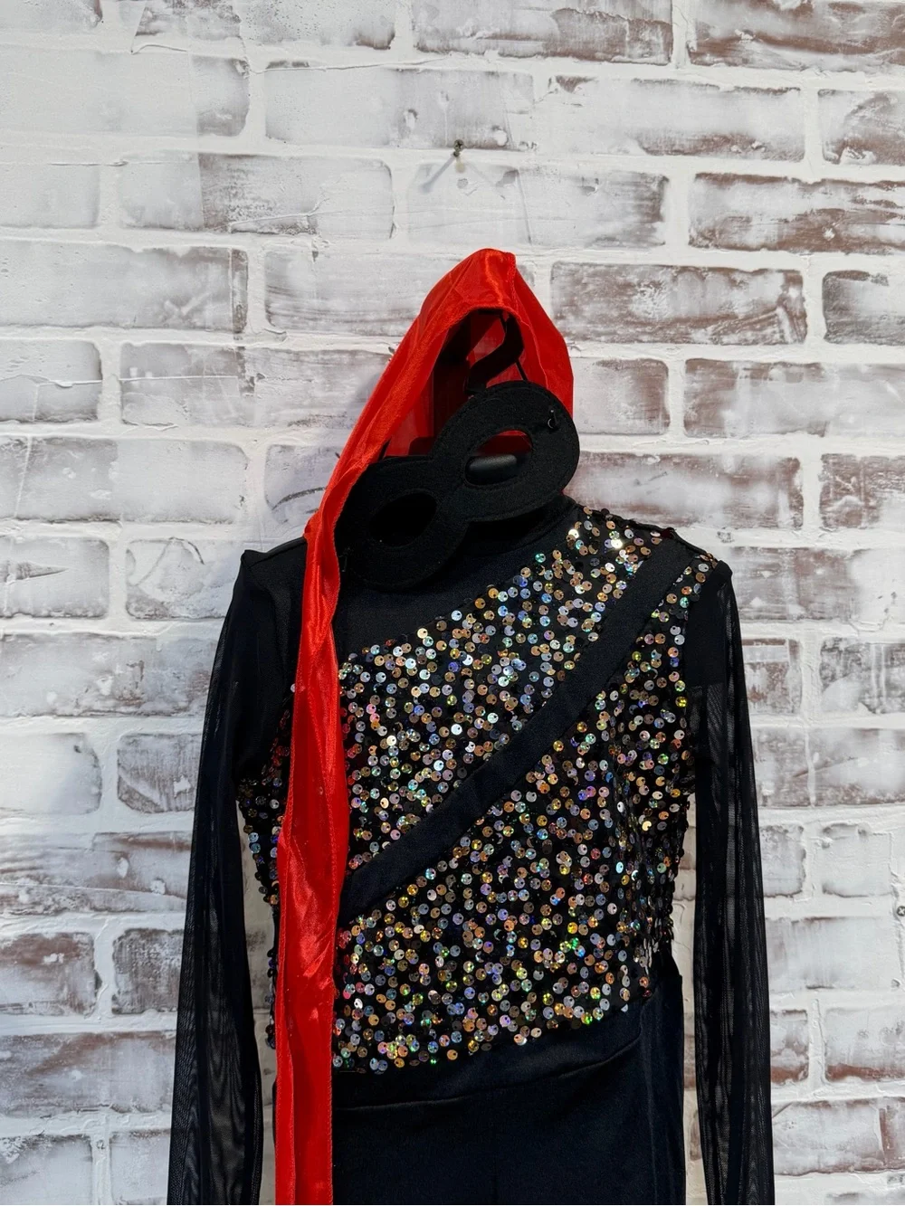 Weissman Black Sequin Dance Costume with Red head Scarf and mask
